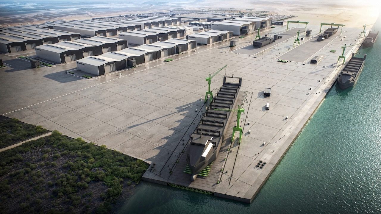 Rendering of the Port Alpha shipyard: rows of fabrication halls behind a deep-water quay with gantry cranes and vessels under construction