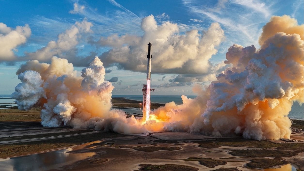 A Starship and Super Heavy rocket lifting off from the Starbase launch site on the South Texas coast